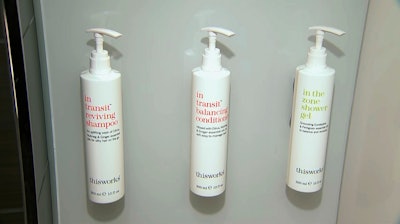 This Aug. 27, 2019, file image made from video shows bottles of shampoo, conditioner and shower gel that will replace smaller bottles of them by 2021, filmed at Marriott's headquarters in Bethesda, Md.