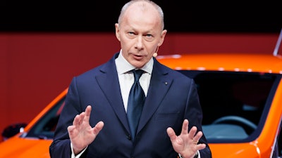 In this March 5, 2019, file photo, Renault CEO Thierry Bollore speaks during the presentation of the new Renault Clio at the 89th Geneva International Motor Show in Geneva, Switzerland.