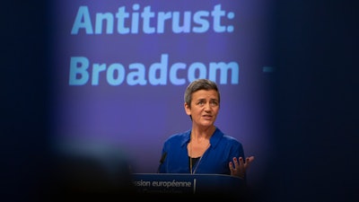 European Commissioner for Competition Margrethe Vestager speaks during a media conference at EU headquarters in Brussels, Oct. 16, 2019.