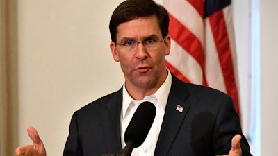 In this Oct. 4, 2019, file photo, Defense Secretary Mark Esper speaks to a gathering of soldiers at the University Club at the University of Louisville.