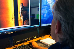 Rob Kraft, director of undersea operations at Vulcan Inc., reviews sonar scans of a warship found by the crew of the research vessel Petrel, Sunday, Oct. 20, 2019.