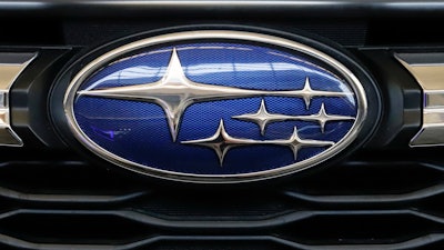 In this Feb. 14, 2019, file photo, the Subaru logo on the front of a 2019 Impreza sedan at the Pittsburgh International Auto Show.