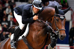 Sergio Alvarez Moya of Spain, with horse Jet Run, takes 2nd place at the Longines FEI Jumping World Cup 165 cm during the Helsinki International Horse Show in Helsinki, Oct. 27, 2019.