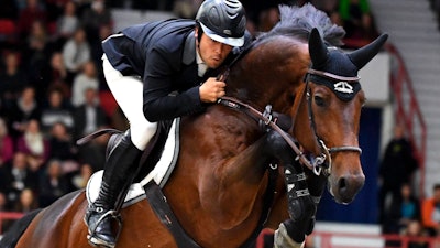 Sergio Alvarez Moya of Spain, with horse Jet Run, takes 2nd place at the Longines FEI Jumping World Cup 165 cm during the Helsinki International Horse Show in Helsinki, Oct. 27, 2019.