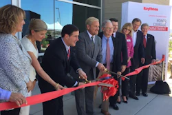 Arizona Gov. Doug Ducey and Dr. Taylor W. Lawrence, president of Raytheon's Missile Systems business, cut the ribbon at a new facility unveiling, May 2018.
