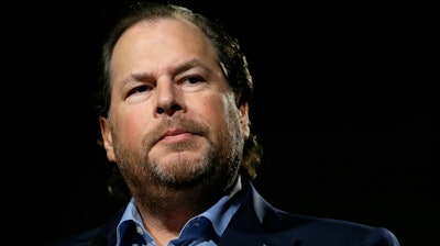 In this photo taken Tuesday, Oct. 30, 2018, Salesforce CEO Marc Benioff speaks at a luncheon in San Francisco. In a forthcoming book, “Trailblazer,” due out Oct. 15, 2019, Benioff calls on activist CEOs to lead a revolution that puts the welfare of people and the planet ahead of profits.