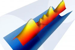 The plasma channel's electron density profile (blue) formed inside a sapphire tube (gray) with the combination of an electrical discharge and an 8 billionths of a second long laser pulse (red, orange, and yellow). This plasma channel was used to guide 40 quadrillionths of a second long 'driver' laser, generating plasma waves and accelerating electrons to almost 8 billion electron volts in just 8 inches.