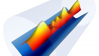 The plasma channel's electron density profile (blue) formed inside a sapphire tube (gray) with the combination of an electrical discharge and an 8 billionths of a second long laser pulse (red, orange, and yellow). This plasma channel was used to guide 40 quadrillionths of a second long 'driver' laser, generating plasma waves and accelerating electrons to almost 8 billion electron volts in just 8 inches.