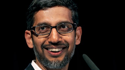 In this Tuesday, Jan. 22, 2019, file photo, Sundar Pichai, CEO of Google, speaks during a statement as part of the opening of a new Google office in Berlin. Google is committing to a White House initiative designed to get private companies to expand job training for American workers.