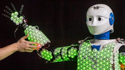 Thanks to the synthetic skin developed by Prof. Gordon Cheng and his team, robot H-1 is able to feel the touch of a human. New control algorithms made it possible for the first time to apply artificial skin to a human-sized robot.