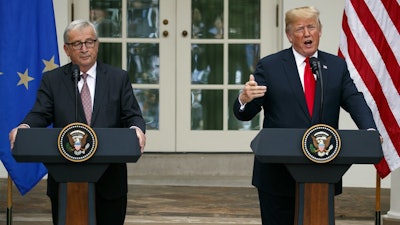 President Donald Trump and European Commission president Jean-Claude Juncker speak in the Rose Garden of the White House, July 25, 2018, in Washington.
