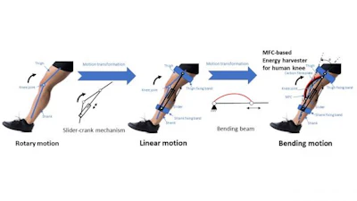 The smart material of the device will bend alongside the motion of the human knee, and convert the biomechanical energy to electricity.