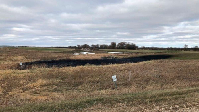 This Oct. 30, 2019, photo provided by the North Dakota Department of Environmental Quality shows affected land from a Keystone oil pipeline leak near Edinburg.