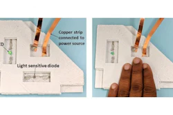 Simple light-sensing electronics with an LED, a semiconductor, and power connected by a high-performance circuit inside polymer.