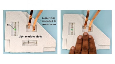 Simple light-sensing electronics with an LED, a semiconductor, and power connected by a high-performance circuit inside polymer.