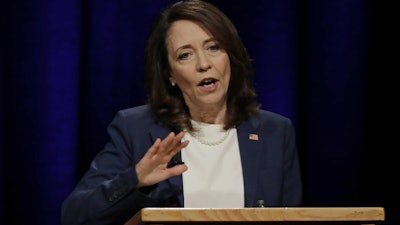 Sen. Maria Cantwell, D-Wash., at a debate at Pacific Lutheran University in Tacoma, Oct. 8, 2018.