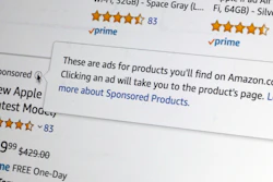 A sponsored logo and explanation on an Amazon product listing on a computer screen in New York, Oct. 31, 2019.