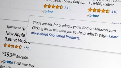 A sponsored logo and explanation on an Amazon product listing on a computer screen in New York, Oct. 31, 2019.