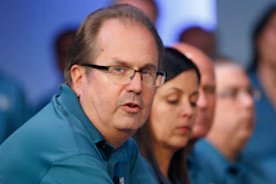 In this July 16, 2019, file photo, Gary Jones, United Auto Workers President, speaks during the opening of their contract talks with Fiat Chrysler Automobiles in Auburn Hills, Mich. Jones is taking a paid leave of absence amid a federal investigation of corruption in the union. The UAW said Jones requested the leave, which is effective Sunday, Nov. 3. The federal government has been investigating fraud and misuse of funds at the UAW for more than two years.
