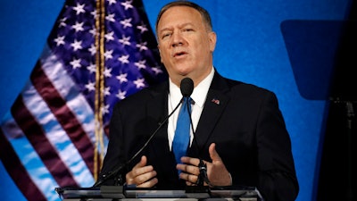 In this Oct. 22, 2019, file photo, Secretary of State Mike Pompeo speaks at the Heritage Foundation's annual President's Club Meeting in Washington.