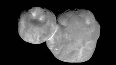 This Jan. 1, 2019, image made available by NASA shows the Kuiper belt object originally called 'Ultima Thule,' about 1 billion miles beyond Pluto, encountered by the New Horizons spacecraft.