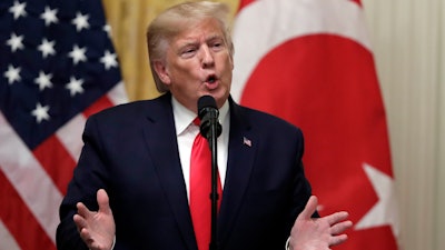 President Donald Trump speaks during a news conference with Turkish President Recep Tayyip Erdogan in the East Room of the White House, Nov. 13, 2019.