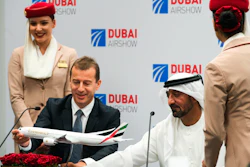 Airbus CEO Guillaume Faury, left, with Sheikh Ahmed bin Saeed Al Maktoum, the chairman and CEO of Emirates, at the Dubai Airshow, Nov. 18, 2019.