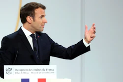 French President Emmanuel Macron delivers a speech at the Elysee Palace, during a meeting with France's mayors, in Paris, Nov. 20, 2019.
