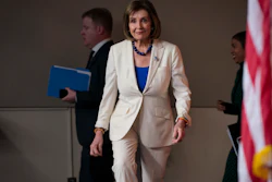 House Speaker Nancy Pelosi, D-Calif., arrives to talk to reporters in Washington.