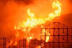 In this Dec. 16, 2017, file photo, flames burn near power lines in Sycamore Canyon in Montecito, Calif.