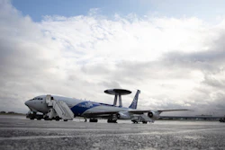 A NATO AWACS plane parked on the runway at Melsbroek military airport, Melsbroek, Belgium, Nov. 27, 2019.