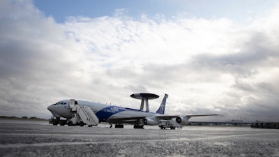 A NATO AWACS plane parked on the runway at Melsbroek military airport, Melsbroek, Belgium, Nov. 27, 2019.