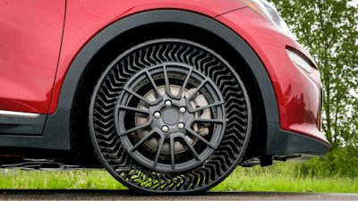 The Michelin Uptis Prototype is tested on a Chevrolet Bolt EV, May 29, 2019, at the General Motors Milford Proving Ground in Milford, Mich.
