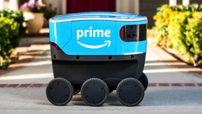 This undated photo provided by Amazon shows a self-driving delivery robot that Amazon is calling Scout.