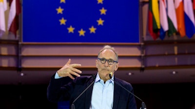 This Oct. 24, 2018, file photo shows creator of the World Wide Web Sir Tim Berners-Lee speaking during a data privacy conference at the European Parliament in Brussels. Berners-Lee is releasing an ambitious rule book for online governance, a bill of rights and obligations for the internet. It is designed to counteract the spread of such anti-democratic ills as misinformation, mass surveillance and censorship.Called “Contract for the Web ,” the charter that Tim Berners-Lee unveiled Monday, represents a year’s work by the World Wide Web Foundation where Berners-Lee is a founding director.