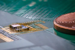 This is a close-up of the wake-up receiver, made up of a small chip stack.