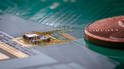 This is a close-up of the wake-up receiver, made up of a small chip stack.