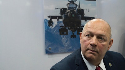 U.S. Federal Aviation Administration administrator Steve Dickson speaks to journalists at the Dubai Airshow in Dubai, United Arab Emirates, Wednesday, Nov. 20, 2019. Dickson said Wednesday that the FAA wouldn't be pressured to rush approvals to allow the troubled Boeing 737 Max to fly again.