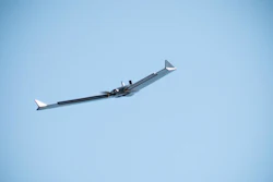 A senseFly eBee X fixed-wing unmanned aircraft system takes to the air outside the U.S. Army Engineering and Support Center in Huntsville, Alabama, during a preliminary survey flight on Oct. 1, 2019.