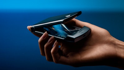 This undated product image provided by Motorola by Motorola’s new Razr phone. Motorola is bracing for the future by returning to the past as it adopts an historical flip-phone design in a smartphone with a foldable screen.