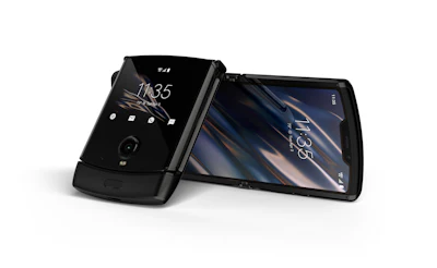 This undated product image provided by Motorola by Motorola’s new Razr phone. Motorola is bracing for the future by returning to the past as it adopts an historical flip-phone design in a smartphone with a foldable screen.