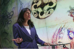 In this photo taken on Monday, Nov. 18, 2019, Google Vice President Jacqueline Fuller speaks during an interview with The Associated Press in Paris. Fuller says the company is having “a lot of conversations” internally amid consumer worries about data access and manipulated algorithms.