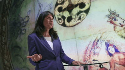 In this photo taken on Monday, Nov. 18, 2019, Google Vice President Jacqueline Fuller speaks during an interview with The Associated Press in Paris. Fuller says the company is having “a lot of conversations” internally amid consumer worries about data access and manipulated algorithms.