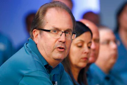 In this July 16, 2019, file photo, Gary Jones, United Auto Workers President, speaks during the opening of their contract talks with Fiat Chrysler Automobiles in Auburn Hills, Mich.