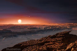 This artist’s impression shows a view of the planet Proxima b orbiting the red dwarf star Proxima Centauri, the closest star to the solar system.
