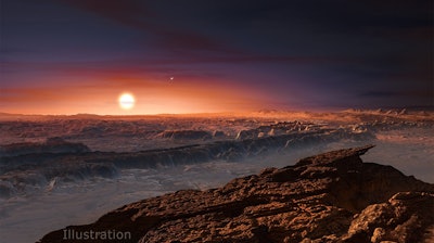 This artist’s impression shows a view of the planet Proxima b orbiting the red dwarf star Proxima Centauri, the closest star to the solar system.