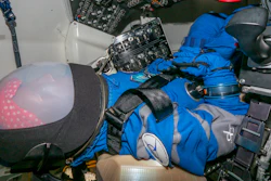 This Nov. 1, 2019 photo provided by Boeing shows Rosie the astronaut test dummy positioned in the space capsule at Kennedy Space Center. The test dummy will be riding to the space station on Boeing’s new Starliner capsule next month, in the first test flight.