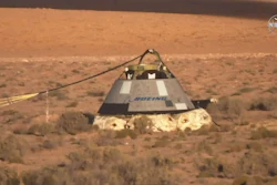 In this image made from a video provided by NASA the Starliner capsule rests on the ground after a test of Boeing's crew capsule launch abort system in White Sands Missile Range in N.M., on Monday, Nov. 4, 2019. Cochise County Arizona officials are hearing about possible emergency responses and road closures that might be required if the new reusable space capsule lands by parachute on a flat desert grassland.