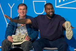 This image taken from video shows Kanye West, right, with Steven Smith, lead designer at Yeezy during a discussion on fashion and design at the Fast Company Innovation Festival in New York on Thursday, Nov. 7, 2019.