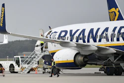 In this Sept. 12, 2018 file photo, a Ryanair plane parks at the airport in Weeze, Germany.
